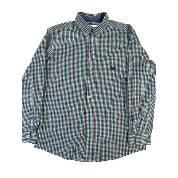 Chaps Shirt Mens Large Green Blue Plaid Button Down Easy Care Embroidered Logo - Picture 1 of 4